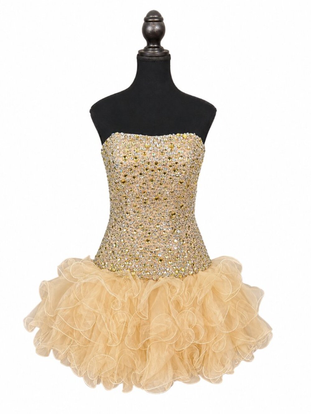 Sherri Hill Champagne Gold Rhinestone Beaded Strapless Cocktail Mini Dress